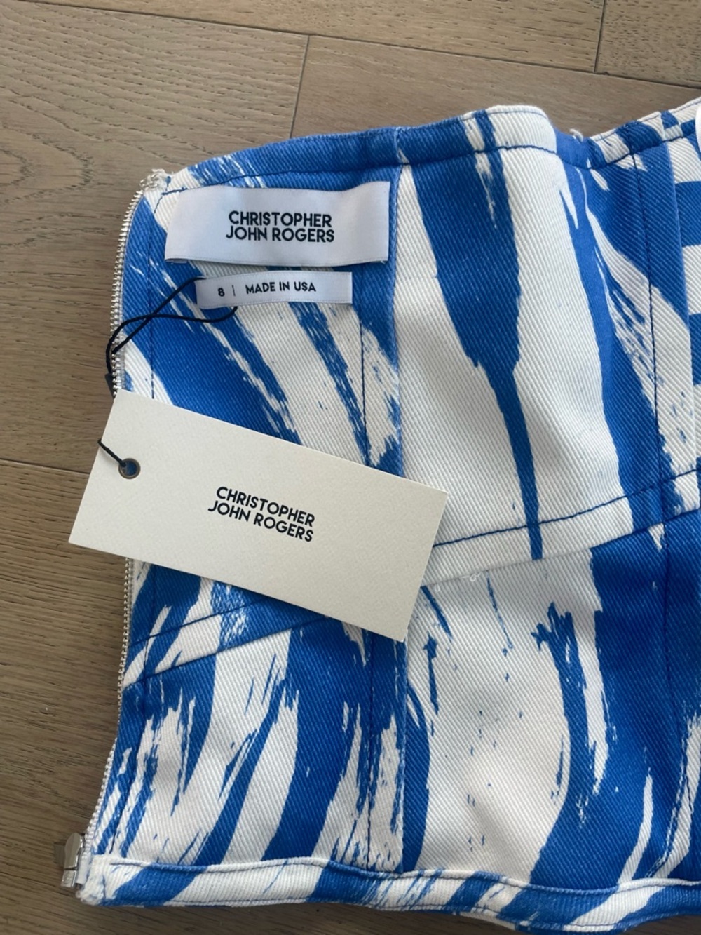 Christopher John Rogers Blue and White Wave & Check Denim Halter Top Size 8 NWT - Picture 7 of 8